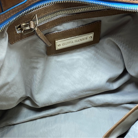 Olivia Harris tan leather tote shoulder bag subtle blue trim - Picture 6 of 12